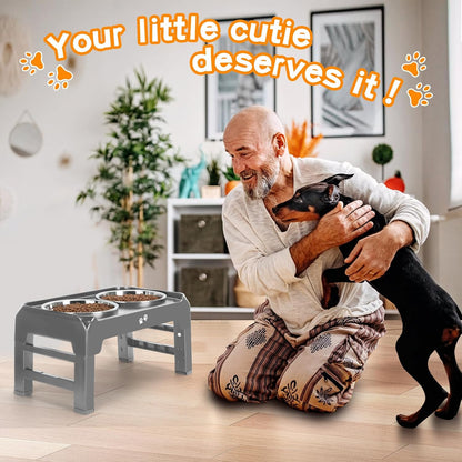 Elevated Dog Bowls, 4 Height Adjustable Raised Bowl Stand with 2 Thick 50oz Stainless Steel Food Bowls Non-Slip Feeder Adjusts to 3.7'', 9.2'', 10.75'', 12.36'' Black, (DB-W01)