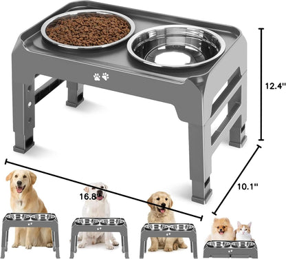 Elevated Dog Bowls, 4 Height Adjustable Raised Bowl Stand with 2 Thick 50oz Stainless Steel Food Bowls Non-Slip Feeder Adjusts to 3.7'', 9.2'', 10.75'', 12.36'' Black, (DB-W01)
