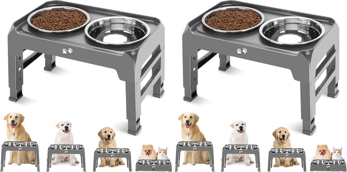 Elevated Dog Bowls, 4 Height Adjustable Raised Bowl Stand with 2 Thick 50oz Stainless Steel Food Bowls Non-Slip Feeder Adjusts to 3.7'', 9.2'', 10.75'', 12.36'' Black, (DB-W01)