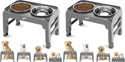 Elevated Dog Bowls, 4 Height Adjustable Raised Bowl Stand with 2 Thick 50oz Stainless Steel Food Bowls Non-Slip Feeder Adjusts to 3.7'', 9.2'', 10.75'', 12.36'' Black, (DB-W01)