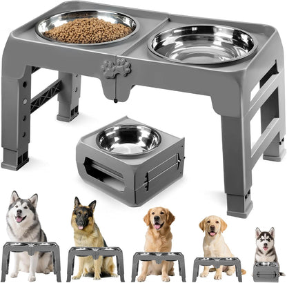 Elevated Dog Bowls, 4 Height Adjustable Raised Bowl Stand with 2 Thick 50oz Stainless Steel Food Bowls Non-Slip Feeder Adjusts to 3.7'', 9.2'', 10.75'', 12.36'' Black, (DB-W01)