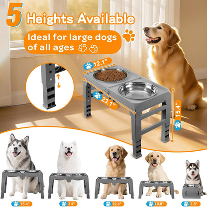 Elevated Dog Bowls, 4 Height Adjustable Raised Bowl Stand with 2 Thick 50oz Stainless Steel Food Bowls Non-Slip Feeder Adjusts to 3.7'', 9.2'', 10.75'', 12.36'' Black, (DB-W01)