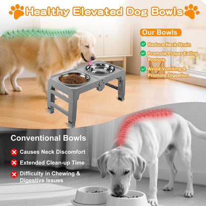 Elevated Dog Bowls, 4 Height Adjustable Raised Bowl Stand with 2 Thick 50oz Stainless Steel Food Bowls Non-Slip Feeder Adjusts to 3.7'', 9.2'', 10.75'', 12.36'' Black, (DB-W01)