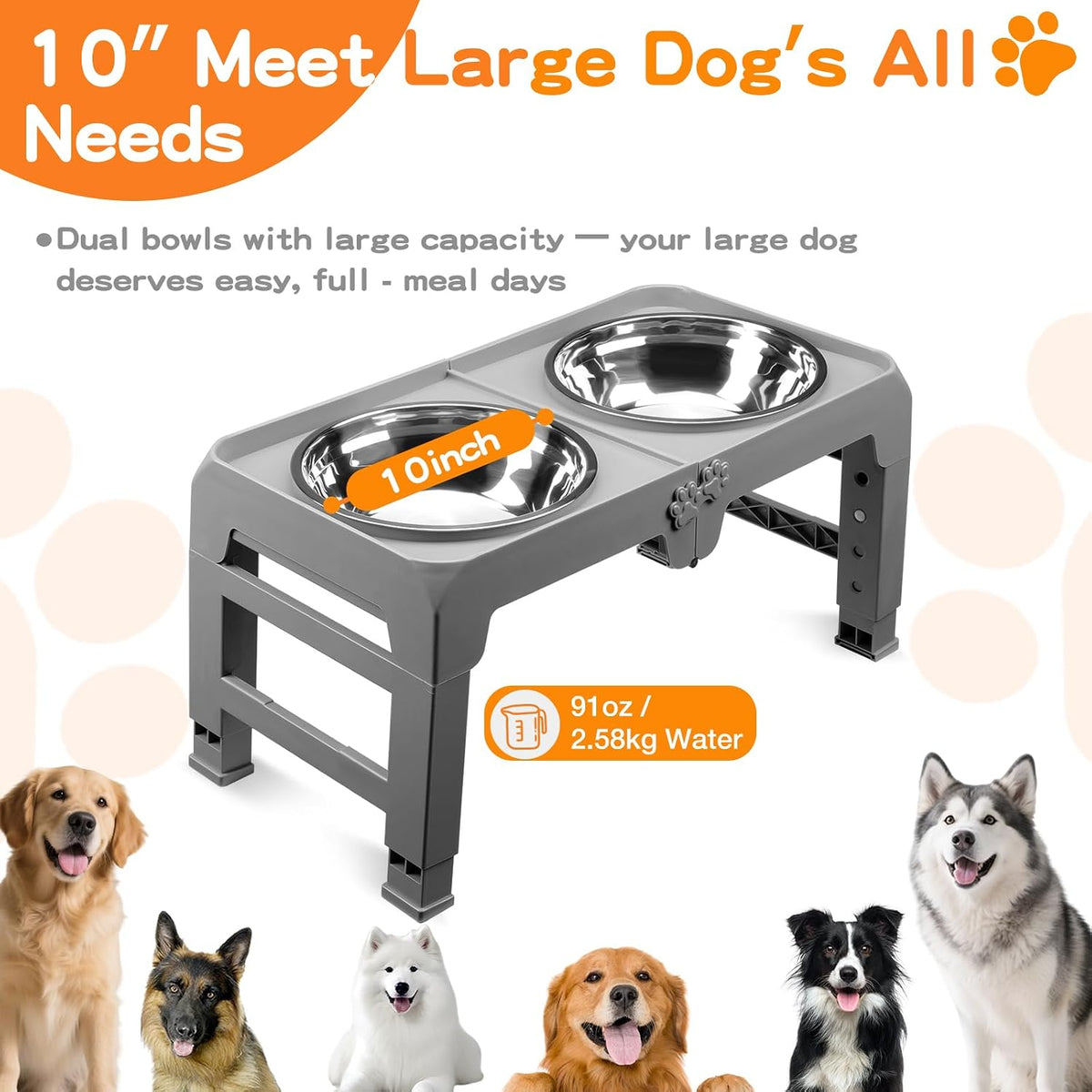 Elevated Dog Bowls, 4 Height Adjustable Raised Bowl Stand with 2 Thick 50oz Stainless Steel Food Bowls Non-Slip Feeder Adjusts to 3.7'', 9.2'', 10.75'', 12.36'' Black, (DB-W01)