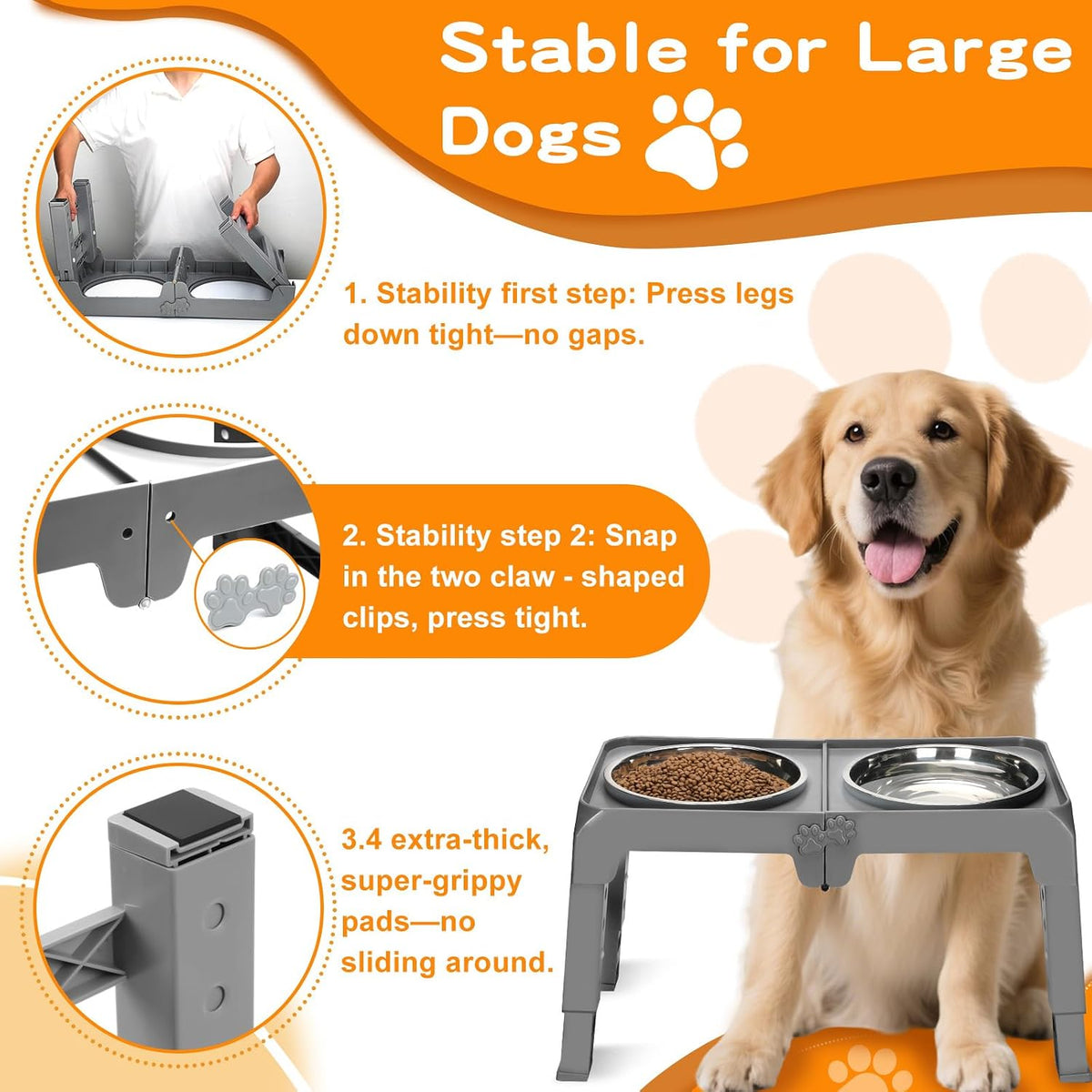 Elevated Dog Bowls, 4 Height Adjustable Raised Bowl Stand with 2 Thick 50oz Stainless Steel Food Bowls Non-Slip Feeder Adjusts to 3.7'', 9.2'', 10.75'', 12.36'' Black, (DB-W01)