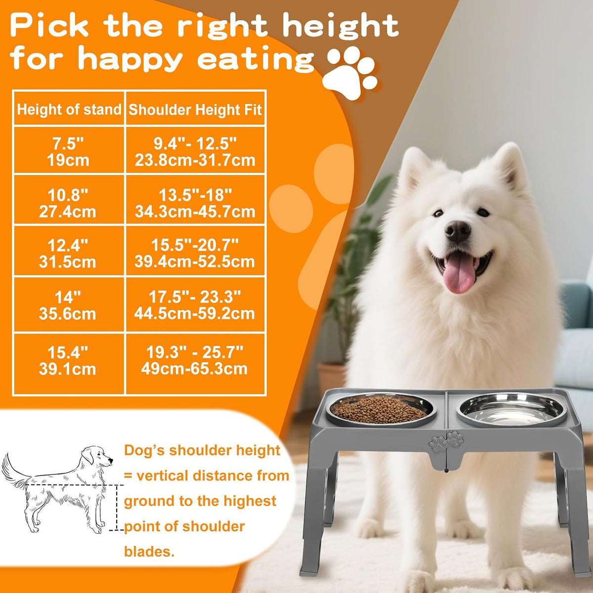 Elevated Dog Bowls, 4 Height Adjustable Raised Bowl Stand with 2 Thick 50oz Stainless Steel Food Bowls Non-Slip Feeder Adjusts to 3.7'', 9.2'', 10.75'', 12.36'' Black, (DB-W01)