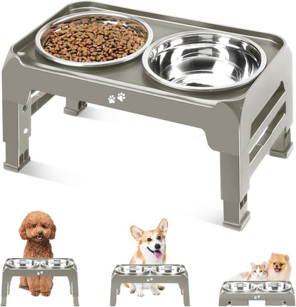 Elevated Dog Bowls, 4 Height Adjustable Raised Bowl Stand with 2 Thick 50oz Stainless Steel Food Bowls Non-Slip Feeder Adjusts to 3.7'', 9.2'', 10.75'', 12.36'' Black, (DB-W01)