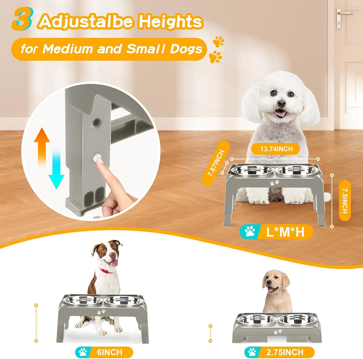 Elevated Dog Bowls, 4 Height Adjustable Raised Bowl Stand with 2 Thick 50oz Stainless Steel Food Bowls Non-Slip Feeder Adjusts to 3.7'', 9.2'', 10.75'', 12.36'' Black, (DB-W01)