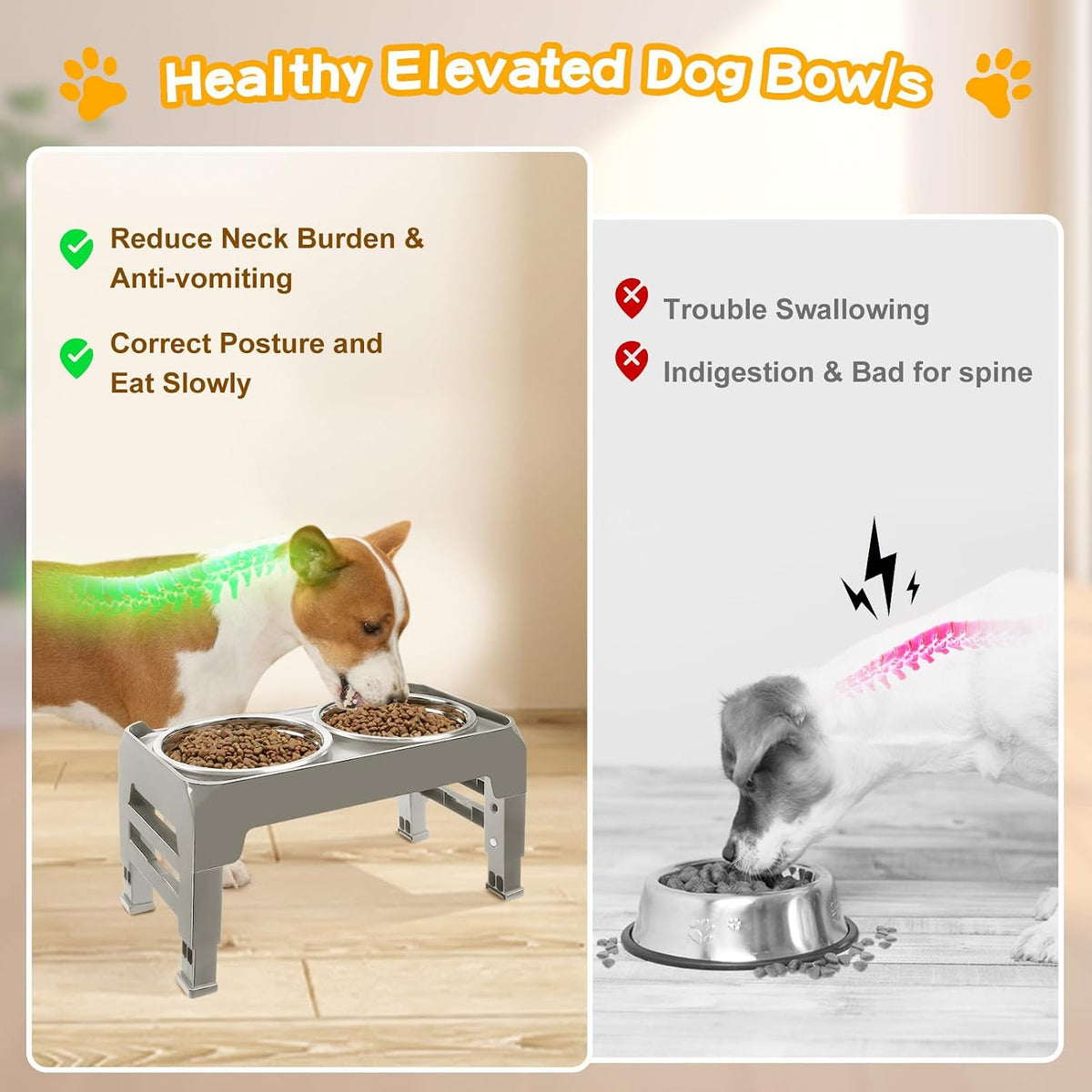 Elevated Dog Bowls, 4 Height Adjustable Raised Bowl Stand with 2 Thick 50oz Stainless Steel Food Bowls Non-Slip Feeder Adjusts to 3.7'', 9.2'', 10.75'', 12.36'' Black, (DB-W01)