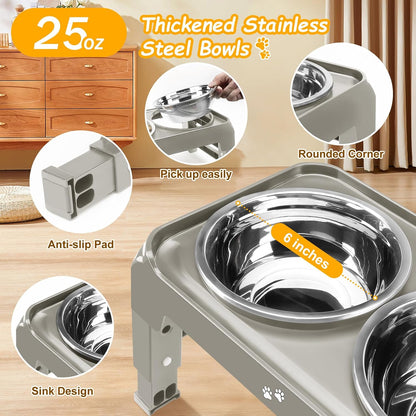 Elevated Dog Bowls, 4 Height Adjustable Raised Bowl Stand with 2 Thick 50oz Stainless Steel Food Bowls Non-Slip Feeder Adjusts to 3.7'', 9.2'', 10.75'', 12.36'' Black, (DB-W01)