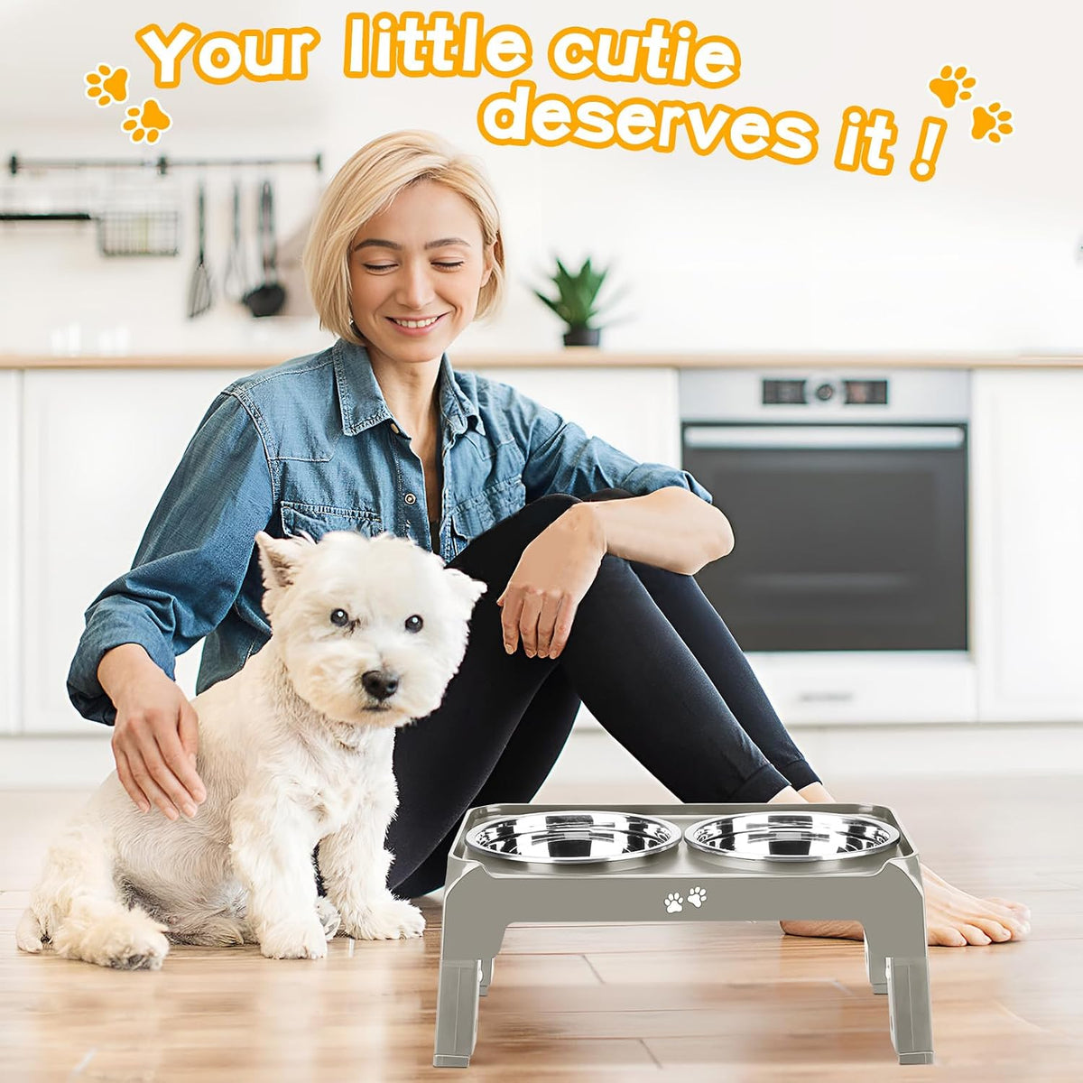 Elevated Dog Bowls, 4 Height Adjustable Raised Bowl Stand with 2 Thick 50oz Stainless Steel Food Bowls Non-Slip Feeder Adjusts to 3.7'', 9.2'', 10.75'', 12.36'' Black, (DB-W01)