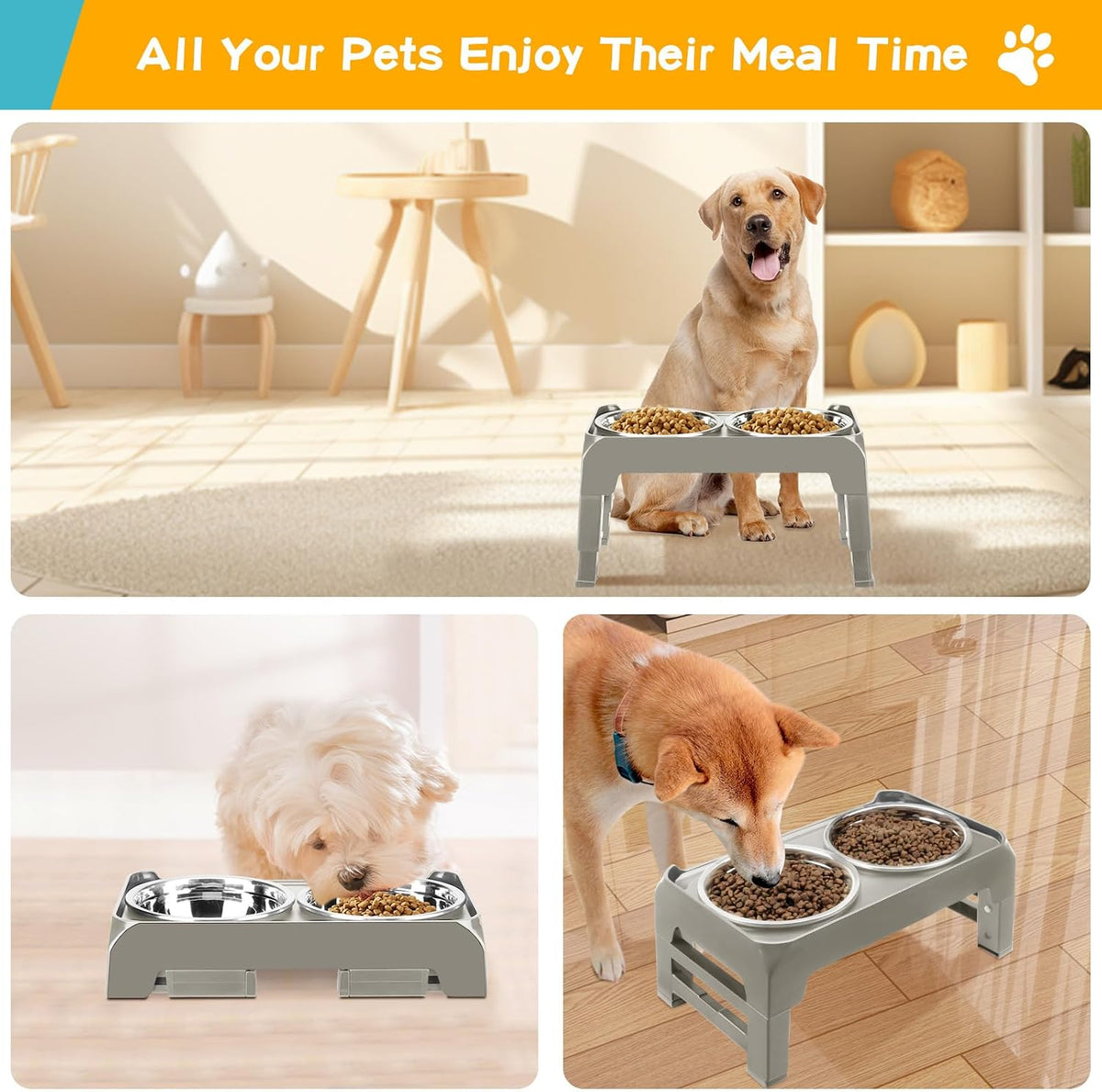 Elevated Dog Bowls, 4 Height Adjustable Raised Bowl Stand with 2 Thick 50oz Stainless Steel Food Bowls Non-Slip Feeder Adjusts to 3.7'', 9.2'', 10.75'', 12.36'' Black, (DB-W01)