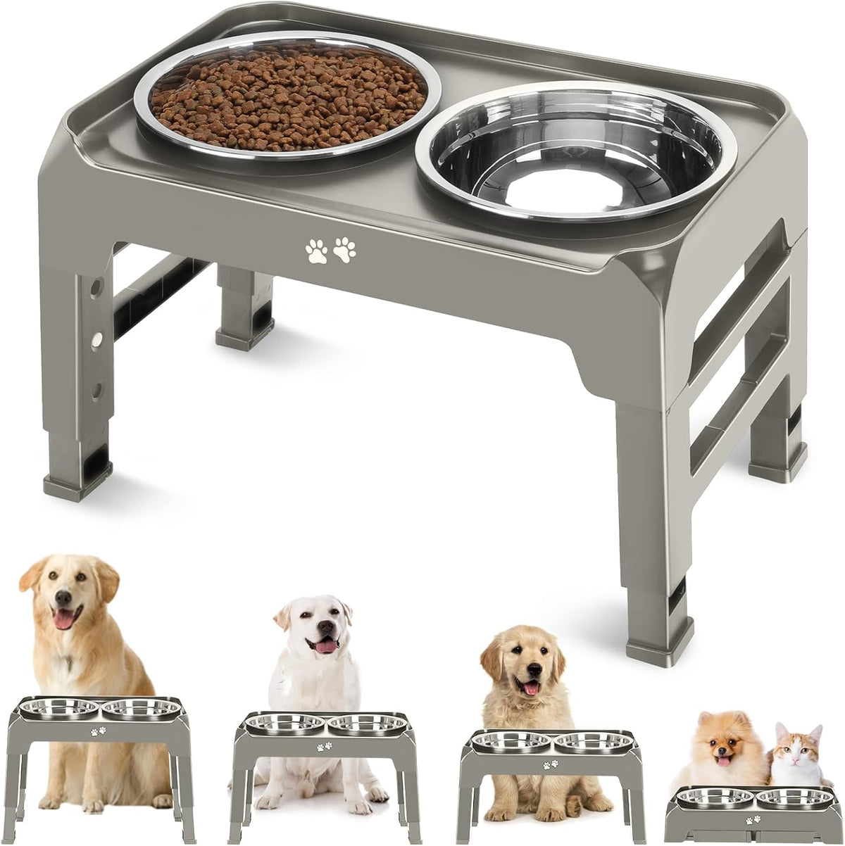 Elevated Dog Bowls, 4 Height Adjustable Raised Bowl Stand with 2 Thick 50oz Stainless Steel Food Bowls Non-Slip Feeder Adjusts to 3.7'', 9.2'', 10.75'', 12.36'' Black, (DB-W01)