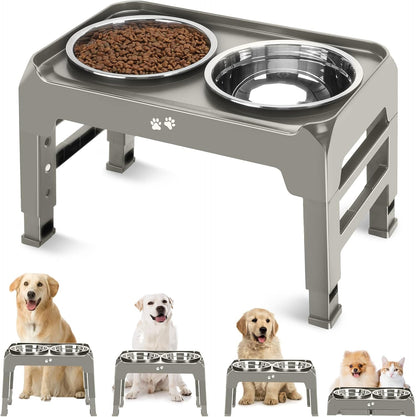 Elevated Dog Bowls, 4 Height Adjustable Raised Bowl Stand with 2 Thick 50oz Stainless Steel Food Bowls Non-Slip Feeder Adjusts to 3.7'', 9.2'', 10.75'', 12.36'' Black, (DB-W01)