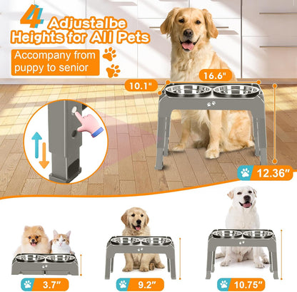 Elevated Dog Bowls, 4 Height Adjustable Raised Bowl Stand with 2 Thick 50oz Stainless Steel Food Bowls Non-Slip Feeder Adjusts to 3.7'', 9.2'', 10.75'', 12.36'' Black, (DB-W01)