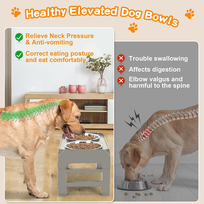 Elevated Dog Bowls, 4 Height Adjustable Raised Bowl Stand with 2 Thick 50oz Stainless Steel Food Bowls Non-Slip Feeder Adjusts to 3.7'', 9.2'', 10.75'', 12.36'' Black, (DB-W01)