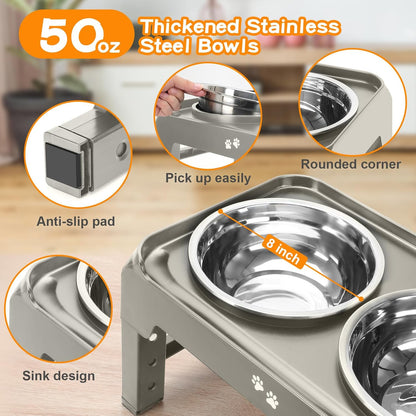 Elevated Dog Bowls, 4 Height Adjustable Raised Bowl Stand with 2 Thick 50oz Stainless Steel Food Bowls Non-Slip Feeder Adjusts to 3.7'', 9.2'', 10.75'', 12.36'' Black, (DB-W01)