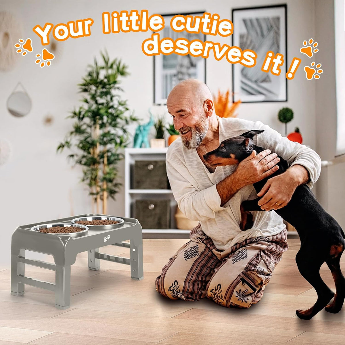 Elevated Dog Bowls, 4 Height Adjustable Raised Bowl Stand with 2 Thick 50oz Stainless Steel Food Bowls Non-Slip Feeder Adjusts to 3.7'', 9.2'', 10.75'', 12.36'' Black, (DB-W01)
