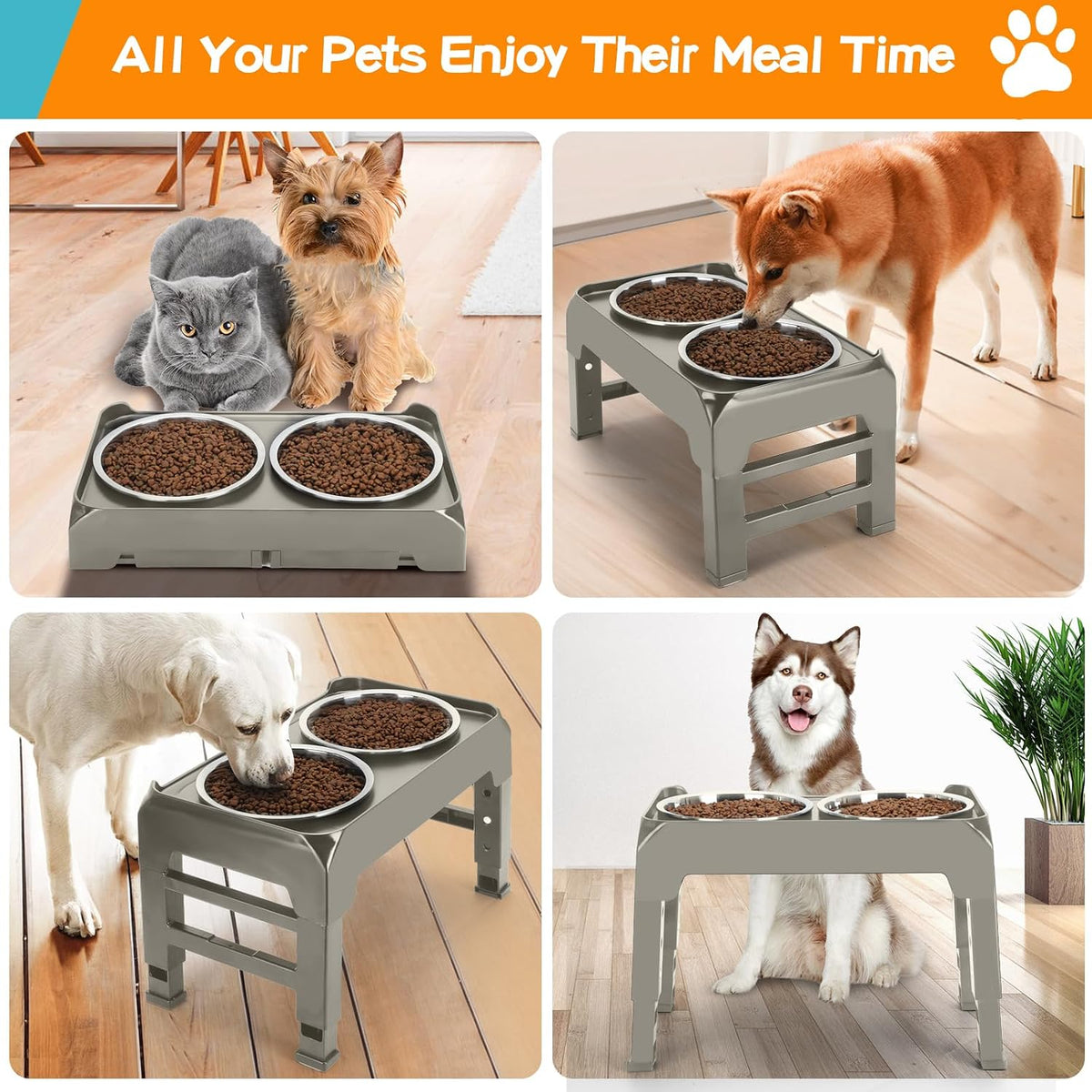 Elevated Dog Bowls, 4 Height Adjustable Raised Bowl Stand with 2 Thick 50oz Stainless Steel Food Bowls Non-Slip Feeder Adjusts to 3.7'', 9.2'', 10.75'', 12.36'' Black, (DB-W01)