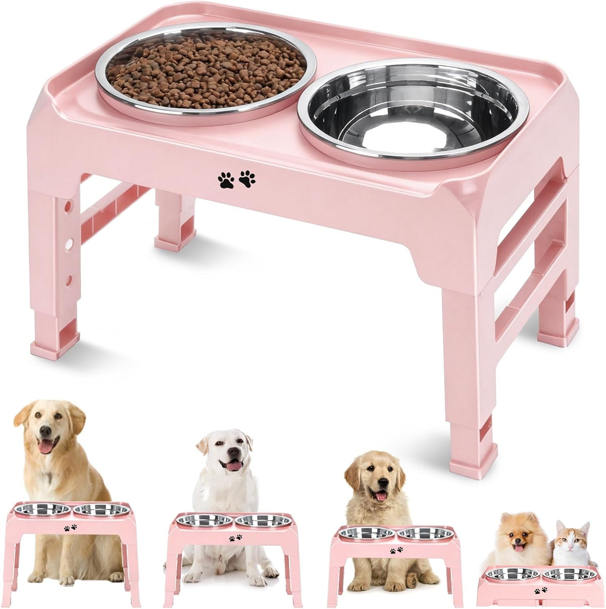 Elevated Dog Bowls, 4 Height Adjustable Raised Bowl Stand with 2 Thick 50oz Stainless Steel Food Bowls Non-Slip Feeder Adjusts to 3.7'', 9.2'', 10.75'', 12.36'' Black, (DB-W01)