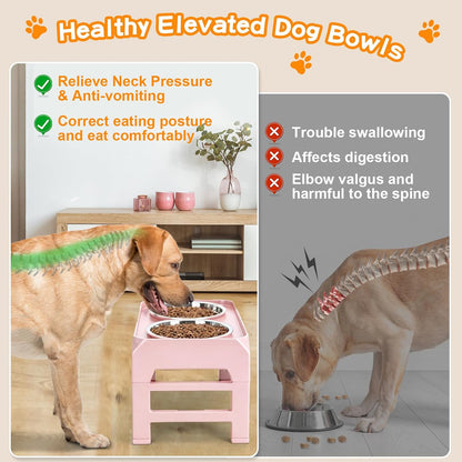 Elevated Dog Bowls, 4 Height Adjustable Raised Bowl Stand with 2 Thick 50oz Stainless Steel Food Bowls Non-Slip Feeder Adjusts to 3.7'', 9.2'', 10.75'', 12.36'' Black, (DB-W01)