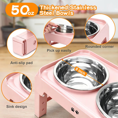 Elevated Dog Bowls, 4 Height Adjustable Raised Bowl Stand with 2 Thick 50oz Stainless Steel Food Bowls Non-Slip Feeder Adjusts to 3.7'', 9.2'', 10.75'', 12.36'' Black, (DB-W01)