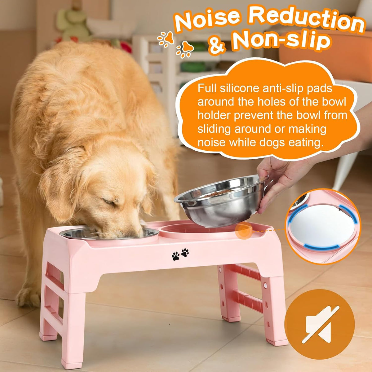 Elevated Dog Bowls, 4 Height Adjustable Raised Bowl Stand with 2 Thick 50oz Stainless Steel Food Bowls Non-Slip Feeder Adjusts to 3.7'', 9.2'', 10.75'', 12.36'' Black, (DB-W01)
