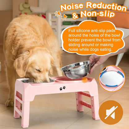 Elevated Dog Bowls, 4 Height Adjustable Raised Bowl Stand with 2 Thick 50oz Stainless Steel Food Bowls Non-Slip Feeder Adjusts to 3.7'', 9.2'', 10.75'', 12.36'' Black, (DB-W01)