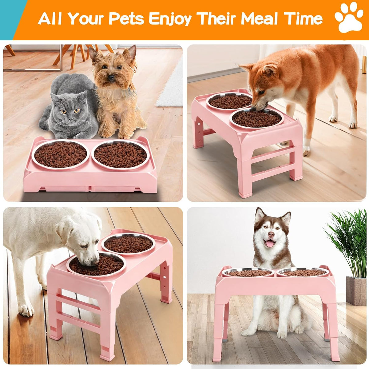 Elevated Dog Bowls, 4 Height Adjustable Raised Bowl Stand with 2 Thick 50oz Stainless Steel Food Bowls Non-Slip Feeder Adjusts to 3.7'', 9.2'', 10.75'', 12.36'' Black, (DB-W01)