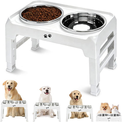 Elevated Dog Bowls, 4 Height Adjustable Raised Bowl Stand with 2 Thick 50oz Stainless Steel Food Bowls Non-Slip Feeder Adjusts to 3.7'', 9.2'', 10.75'', 12.36'' Black, (DB-W01)