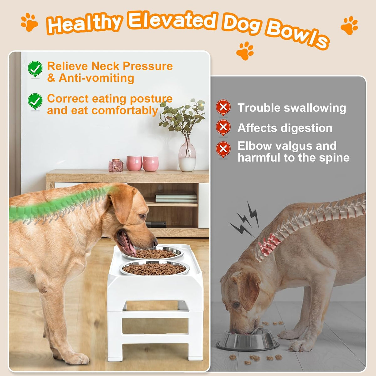 Elevated Dog Bowls, 4 Height Adjustable Raised Bowl Stand with 2 Thick 50oz Stainless Steel Food Bowls Non-Slip Feeder Adjusts to 3.7'', 9.2'', 10.75'', 12.36'' Black, (DB-W01)