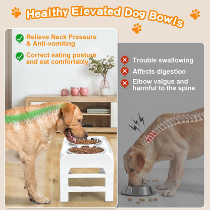 Elevated Dog Bowls, 4 Height Adjustable Raised Bowl Stand with 2 Thick 50oz Stainless Steel Food Bowls Non-Slip Feeder Adjusts to 3.7'', 9.2'', 10.75'', 12.36'' Black, (DB-W01)