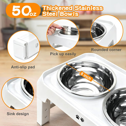 Elevated Dog Bowls, 4 Height Adjustable Raised Bowl Stand with 2 Thick 50oz Stainless Steel Food Bowls Non-Slip Feeder Adjusts to 3.7'', 9.2'', 10.75'', 12.36'' Black, (DB-W01)