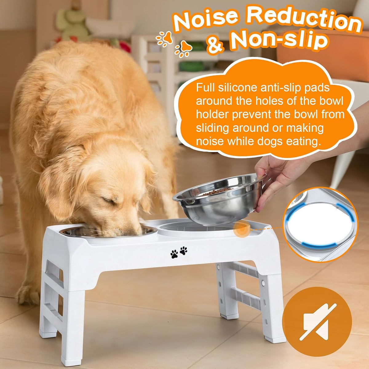 Elevated Dog Bowls, 4 Height Adjustable Raised Bowl Stand with 2 Thick 50oz Stainless Steel Food Bowls Non-Slip Feeder Adjusts to 3.7'', 9.2'', 10.75'', 12.36'' Black, (DB-W01)