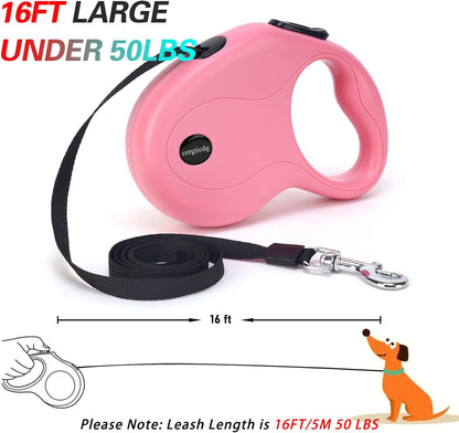 16Ft Retractable Dog Leash,Light Weight Leash for Small to Medium Dogs/Cats Up to 50lbs,Stainless Steel Spring Strong Nylon Tape, Tangle Free, One-Handed Brake.(Pink-Black)
