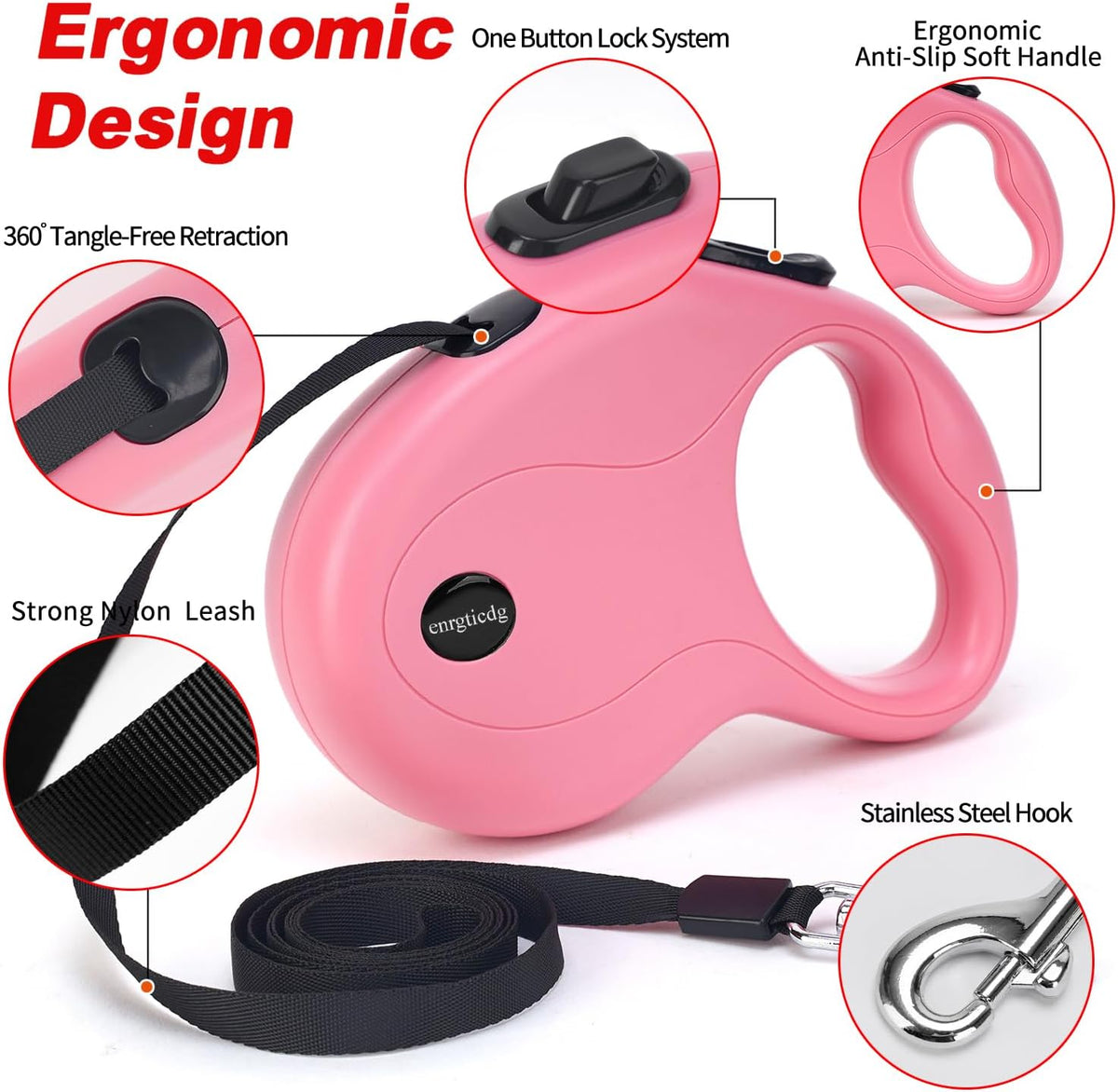 16Ft Retractable Dog Leash,Light Weight Leash for Small to Medium Dogs/Cats Up to 50lbs,Stainless Steel Spring Strong Nylon Tape, Tangle Free, One-Handed Brake.(Pink-Black)