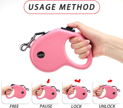 16Ft Retractable Dog Leash,Light Weight Leash for Small to Medium Dogs/Cats Up to 50lbs,Stainless Steel Spring Strong Nylon Tape, Tangle Free, One-Handed Brake.(Pink-Black)