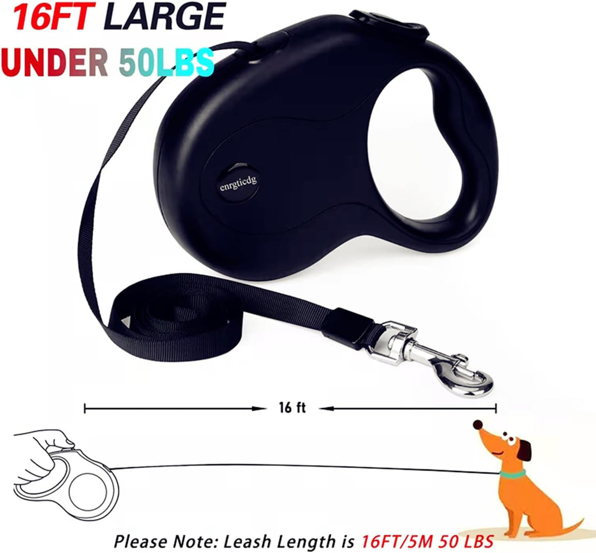 16Ft Retractable Dog Leash,Light Weight Leash for Small to Medium Dogs/Cats Up to 50lbs,Stainless Steel Spring Strong Nylon Tape, Tangle Free, One-Handed Brake.(Pink-Black)