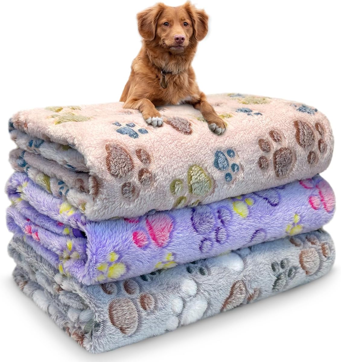 Dog Blankets for Medium Large Dogs, 3 Pack Dog Blanket Washable 41" x 31", Fuzzy Soft Pet Mat Throw Cover for Kennel Crate Bed, Cute Paw Pattern, Cat Blanket, Blankets for Dogs, Pet Blanket