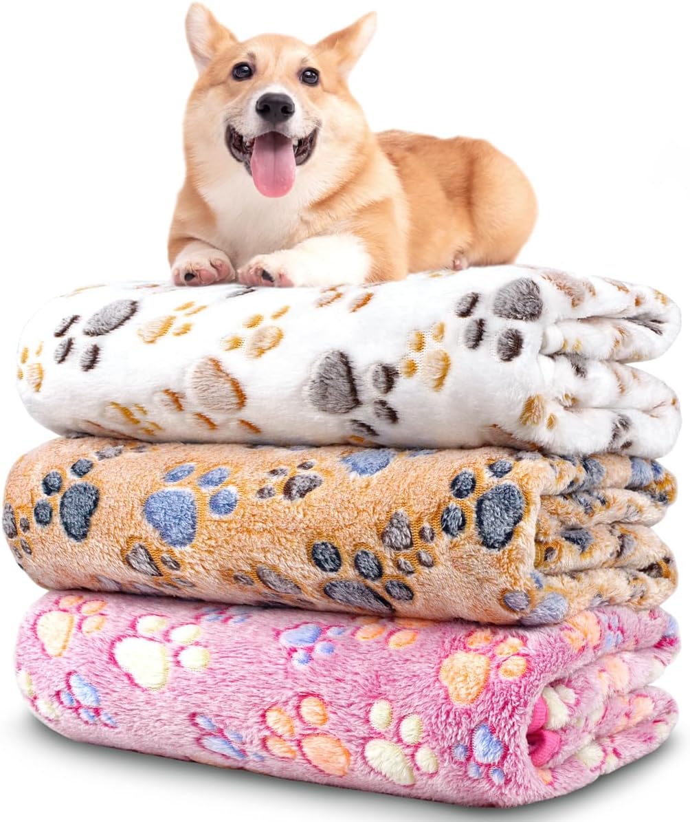 Dog Blankets for Medium Large Dogs, 3 Pack Dog Blanket Washable 41" x 31", Fuzzy Soft Pet Mat Throw Cover for Kennel Crate Bed, Cute Paw Pattern, Cat Blanket, Blankets for Dogs, Pet Blanket