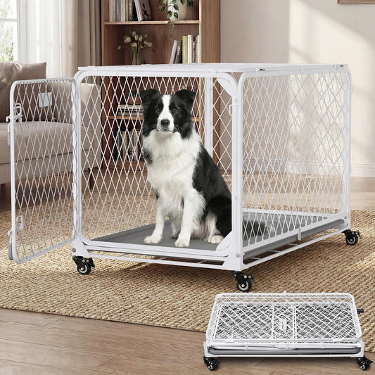 36 Inch Collapsible Dog Crate with Diamond Mesh, No-Tool Assembly Foldable Dog Kennel with 4 Lockable Wheels,Removable Tray,Portable Dog Cage for Medium/Large Dogs, Space-Saving, Indoor Outdoor Use