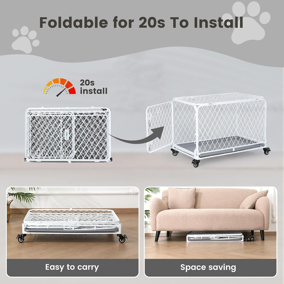 36 Inch Collapsible Dog Crate with Diamond Mesh, No-Tool Assembly Foldable Dog Kennel with 4 Lockable Wheels,Removable Tray,Portable Dog Cage for Medium/Large Dogs, Space-Saving, Indoor Outdoor Use