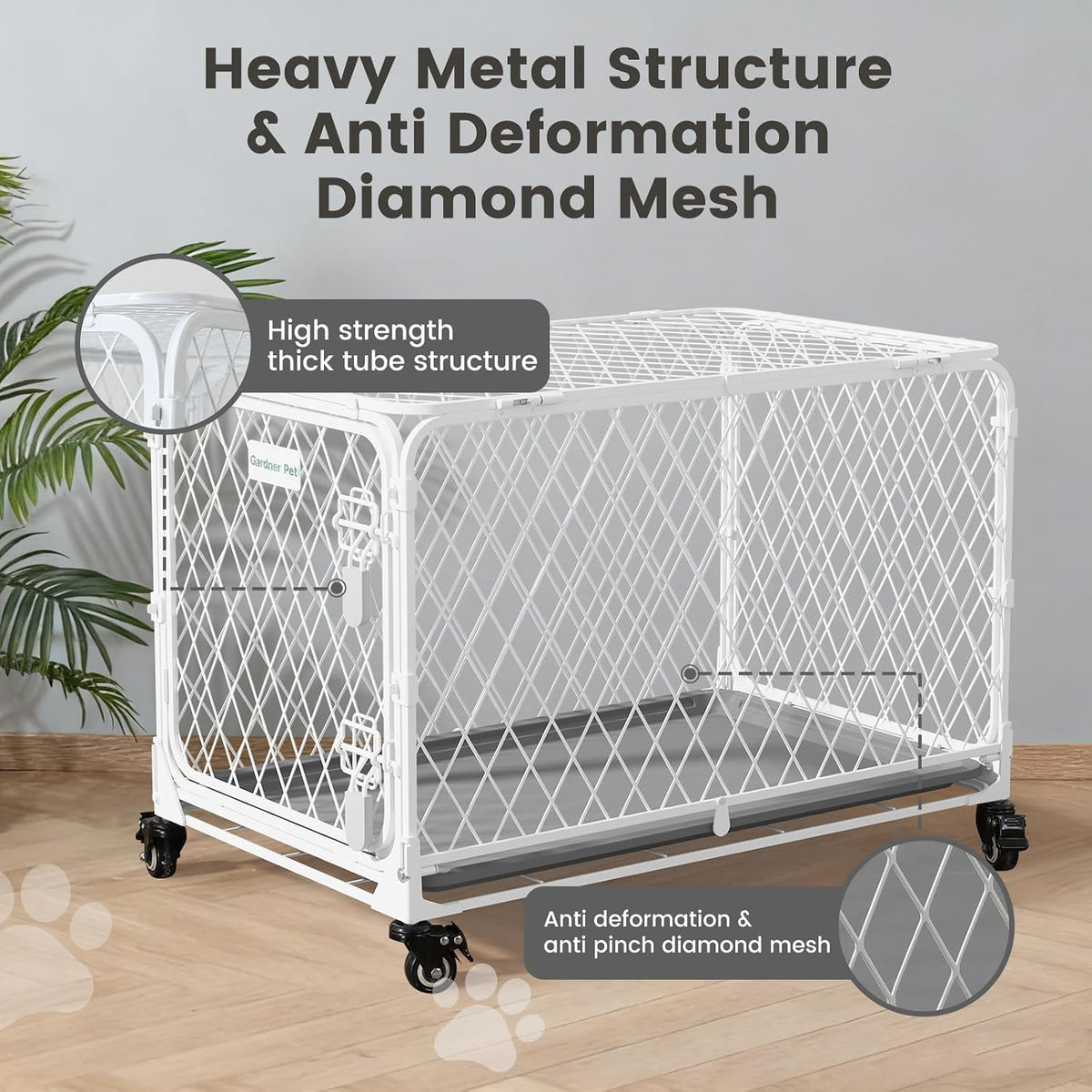 36 Inch Collapsible Dog Crate with Diamond Mesh, No-Tool Assembly Foldable Dog Kennel with 4 Lockable Wheels,Removable Tray,Portable Dog Cage for Medium/Large Dogs, Space-Saving, Indoor Outdoor Use