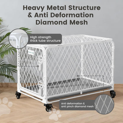 36 Inch Collapsible Dog Crate with Diamond Mesh, No-Tool Assembly Foldable Dog Kennel with 4 Lockable Wheels,Removable Tray,Portable Dog Cage for Medium/Large Dogs, Space-Saving, Indoor Outdoor Use