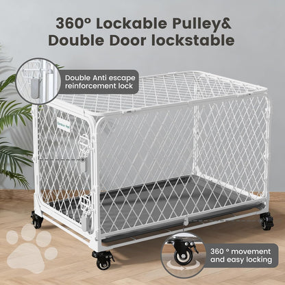 36 Inch Collapsible Dog Crate with Diamond Mesh, No-Tool Assembly Foldable Dog Kennel with 4 Lockable Wheels,Removable Tray,Portable Dog Cage for Medium/Large Dogs, Space-Saving, Indoor Outdoor Use