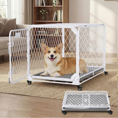 36 Inch Collapsible Dog Crate with Diamond Mesh, No-Tool Assembly Foldable Dog Kennel with 4 Lockable Wheels,Removable Tray,Portable Dog Cage for Medium/Large Dogs, Space-Saving, Indoor Outdoor Use