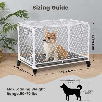 36 Inch Collapsible Dog Crate with Diamond Mesh, No-Tool Assembly Foldable Dog Kennel with 4 Lockable Wheels,Removable Tray,Portable Dog Cage for Medium/Large Dogs, Space-Saving, Indoor Outdoor Use