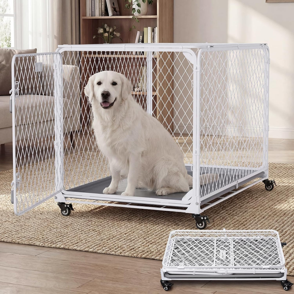 36 Inch Collapsible Dog Crate with Diamond Mesh, No-Tool Assembly Foldable Dog Kennel with 4 Lockable Wheels,Removable Tray,Portable Dog Cage for Medium/Large Dogs, Space-Saving, Indoor Outdoor Use