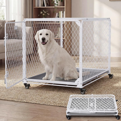 36 Inch Collapsible Dog Crate with Diamond Mesh, No-Tool Assembly Foldable Dog Kennel with 4 Lockable Wheels,Removable Tray,Portable Dog Cage for Medium/Large Dogs, Space-Saving, Indoor Outdoor Use