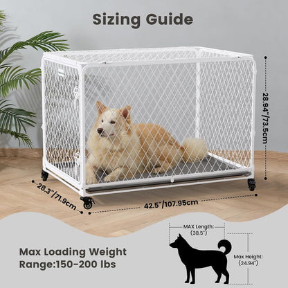 36 Inch Collapsible Dog Crate with Diamond Mesh, No-Tool Assembly Foldable Dog Kennel with 4 Lockable Wheels,Removable Tray,Portable Dog Cage for Medium/Large Dogs, Space-Saving, Indoor Outdoor Use